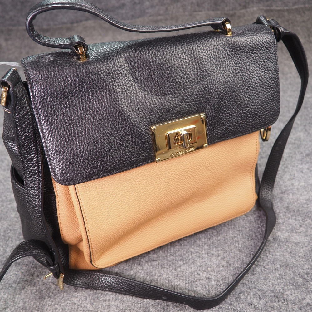Michael Kors Sloan Satchel Bag Black Tan Pebbled Leather Crossbody 38S4CSLS4T
